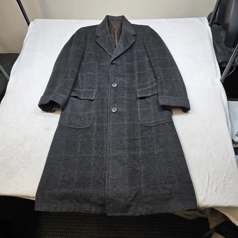 Hart Schaffner Marx Overcoat Mens Large Gray Plaid Windowpane Surrey Wool VTG - Image 2 of 4