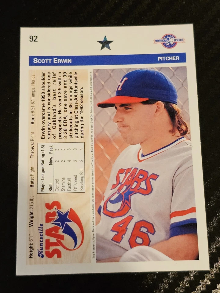 1992 Upper Deck Minor League - Scott Erwin #92 (RC) Huntsville Stars - Athletics - Image 2 of 2