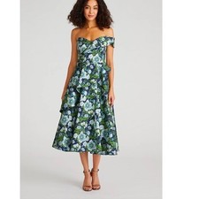 NWT THEIA TATUM ONE SHOULDER JACQUARD MIDI DRESS IN BLUE & GREEN SIZE 4