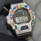 Authentic Casio G-Shock DW6900 Custom Multi Color Gemstone Iced Out Watch Silver