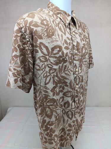 Eddie Bauer Hawaiian Shirt Mens Large Brown Floral 100 Linen Fabric - Picture 8 of 12