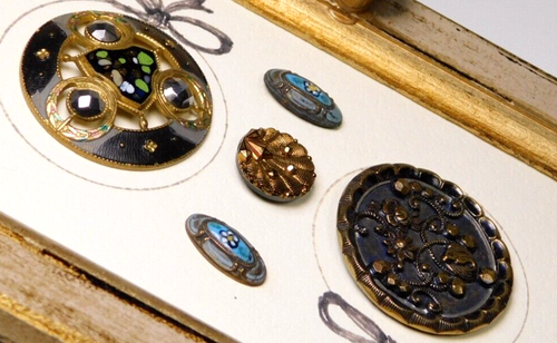 Framed Antique BUTTONS Enamel Cut Steel Victorian Charmstrings NICE - Picture 3 of 15