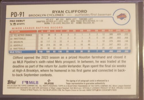 2024 Topps RYAN CLIFFORD Pro Debut Autographed RC # PD-91 NY Mets - Picture 2 of 2