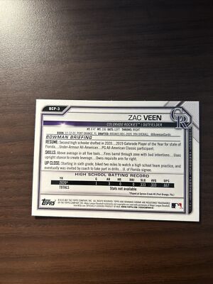 その他 bowman2021 ZAC VEEN atomicrefractor auto Zac Veen 2021 Bowman Chrome ATOMIC REFRACTOR SIGNED AUTO *IP