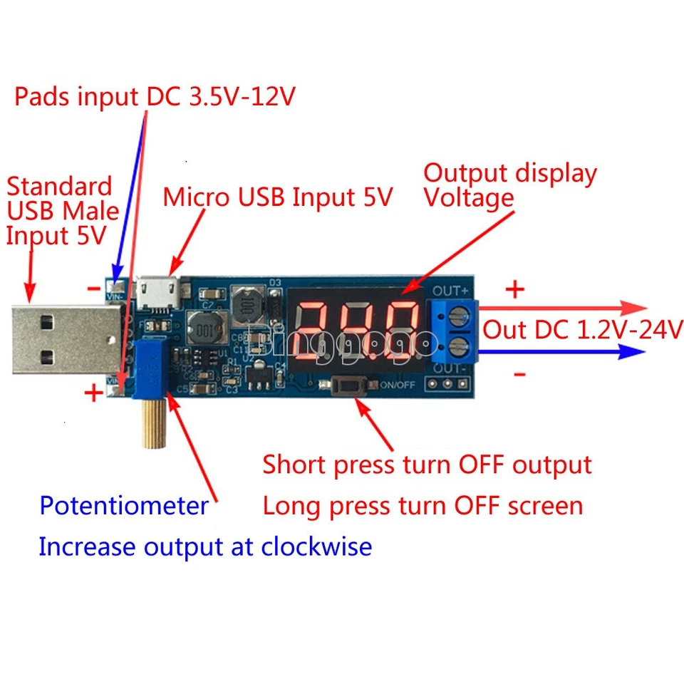 1X DC-DC USB Step UP/Down Adjustable Converter 5V to 1.2-24V Power Supply Module - Bild 1 von 1