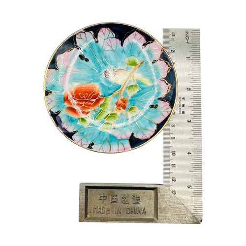 Plato baratija azul vintage chino pintado a mano en una rama dorado destacados - Imagen 4 de 5