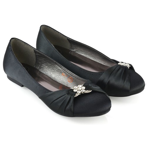 Womens Wedding Shoes Satin Diamante Brooch Ladies Flats Ballet Pumps Size 3-9 - Picture 7 of 25