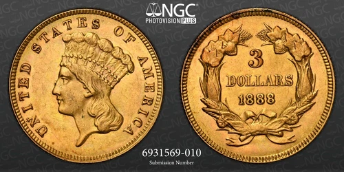 1888 $3 Princess Three Dollar Gold NGC MS-61