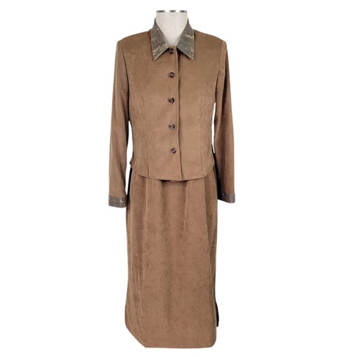 Jessica Howard Midi Dress Suit Size 10 Taupe Brown Faux Suede Split Open Back