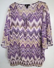 AUTH AB STUDIO SHEER ZIGZAG PRINT BELL SLEEVE BLOUSE PREOWNED MULTICOLOR SZ XL