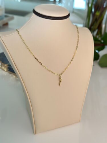 14k Solid Gold Italian Horn Pendant, Cornicello, Cornetto Charm Necklace Yellow - Picture 17 of 28