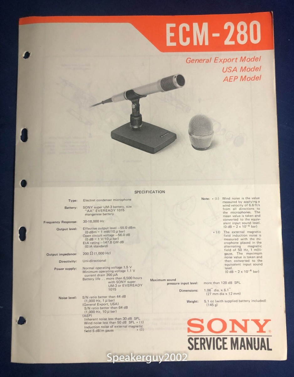 Original Sony ECM-280 / Microphone Service Manual -- BB2 | eBay Original Sony ECM-280 / Microphone Service Manual -- BB2 | eBay