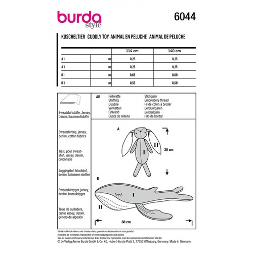 Burda Sewing Pattern 6044 Stuffed Animals Bunny and Whale Toy - Picture 2 of 2