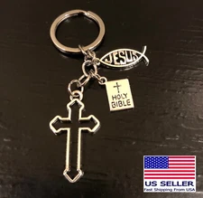 Hollow Cross Jesus Fish Christian Holy Bible Charms Keychain Gift Key Chain Ring