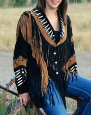 Women Cowlady Black Sweden Leather Jacket Antique Fringes & Bones Coat