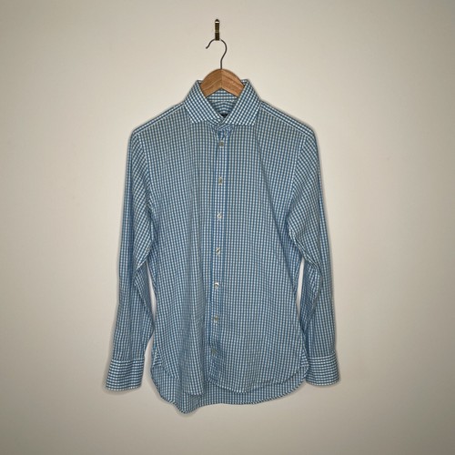 Herringbone Sydney Men's Light Blue Gingham Button Up Dress Shirt Size 38/15