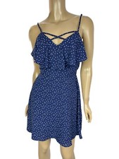 Three Pink Hearts Mini Dress Sz S Navy Blue w White Dots Spaghetti Straps