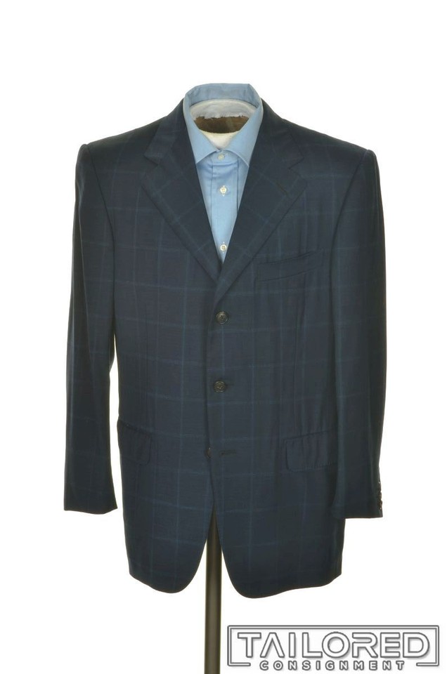 ERMENEGILDO ZEGNA Blue Plaid Check Wool Mens Blazer Sport Coat Jacket
