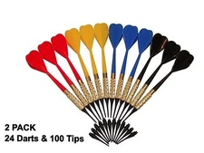 24 Plastic Soft Tip Brass Dart Set, Lot of 24 Assorted Colors Plus 100 Extra Tip