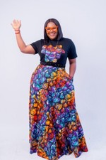 African Print Set with Flare Maxi Skirt  Patch Tee Top Sz 10