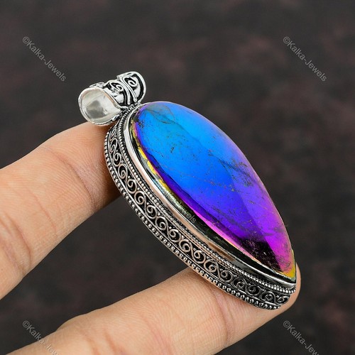 Natural Mystic Fire Labradorite Gemstone Pendant Vintage Blue 925 Silver - Picture 5 of 9