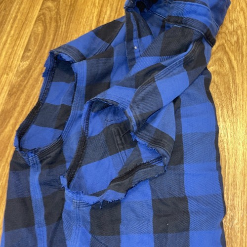 blue black plaid flannel carhartt costum vest rippled sleeve Men’s Large - Picture 4 of 8