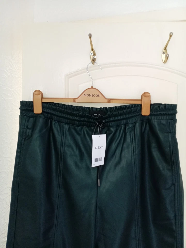 Next New With Tags Dark Green Wide Leg Drawstring Faux Leather Trs Sz 18 Regular - Image 3 of 4