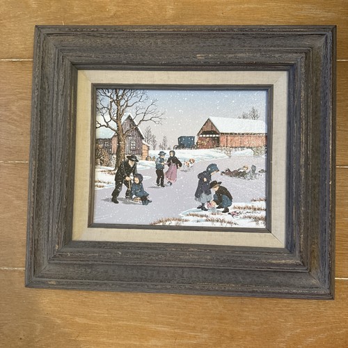 C Carson Oil Painting On Canvas 10x8 Signed Folk Art Amish Ice Skating Snow - Picture 20 of 20