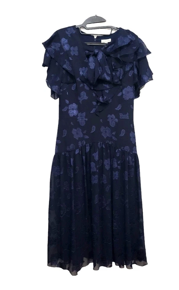 ML Monique Lhuillier Navy Floral Ruffle Dress Women Sz 10 Sheer Overlay Bow Tie - Image 2 of 4