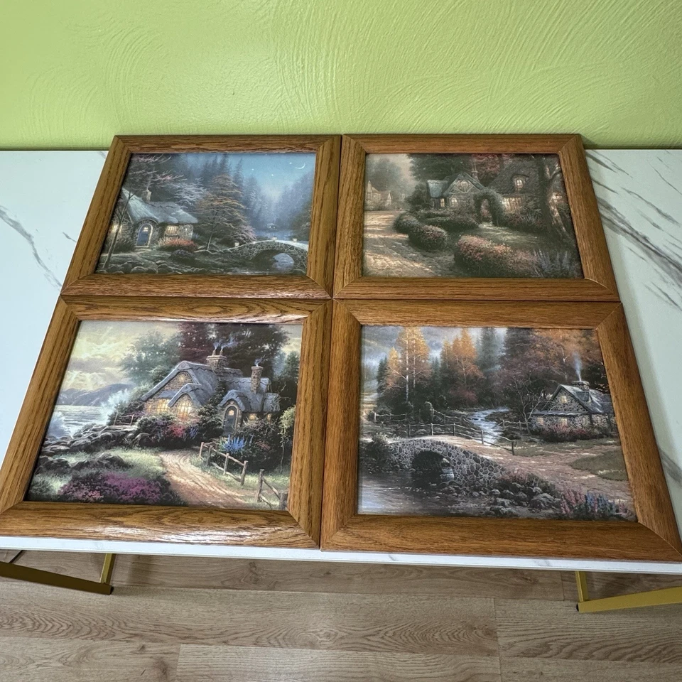 Juego de 4 impresiones Thomas Kinkade en marcos de roble 10x12 Cottagecore arte caprichoso Foto 3 de 4