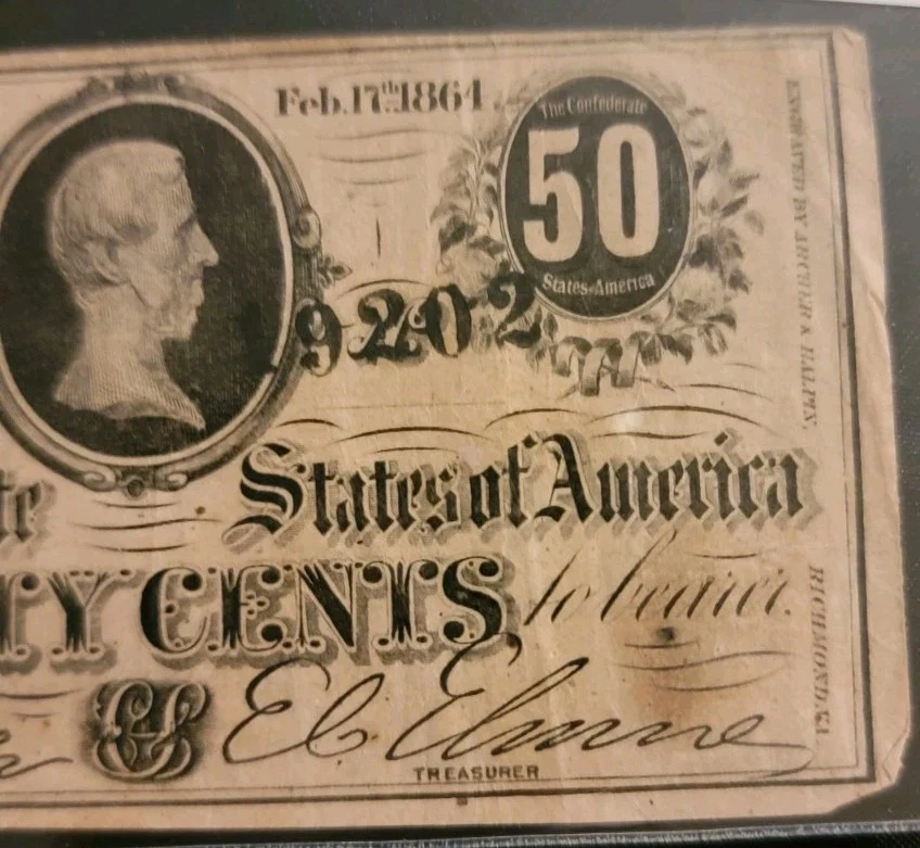 1864 Confederate Fractional 50 Cent Note Jefferson Davis Bust - Image 4 of 4