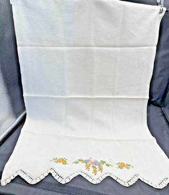 VTG 1930S HUCK LINEN TEXTURED TOWEL W/EMBROIDERY/FR KNOTS, SCALLOPED -BEAUTIFUL