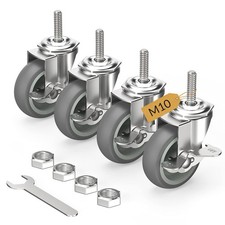 Castor Wheels 75mm with Brakes Stem Castors Set of 4 Heavy Duty, M10