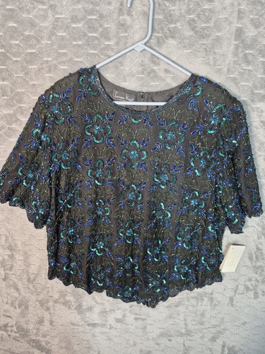 Laurence Kazar Vintage Women's Silk Beaded Sequin Blouse Size 3X Shirt sleeve