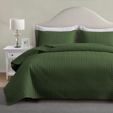 Quilt Set Queen Size, Lightweight Olive Green Bedspread Ultrasonic Chevron Pa...