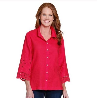 John Mark Top Women s Size Small Red Button-Down Eyelet Sleeve Shirt Linen