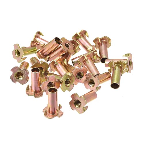 24pcs M6x22mm T-Nuts 4 Pronged Tee Nut Carbon Steel Threaded Inserts for Wood