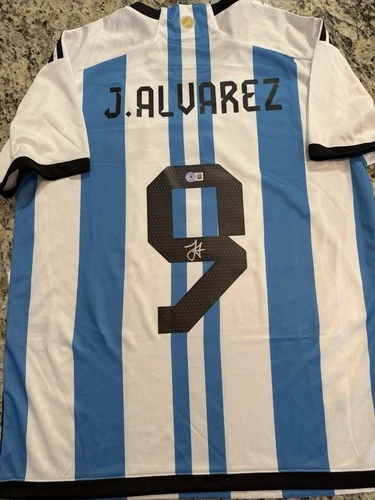 Autographed/Signed Julian Alvarez Argentina Blue/White Soccer Jersey Beckett COA