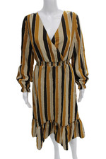 Sezane Women Wrap Dress Brown Striped V Neck Long Sleeve Midi Viscose Size 40