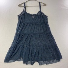 479 Boho Intimately Free People Slip Dress L Blue Sheer Mesh Tiered Floral Lace