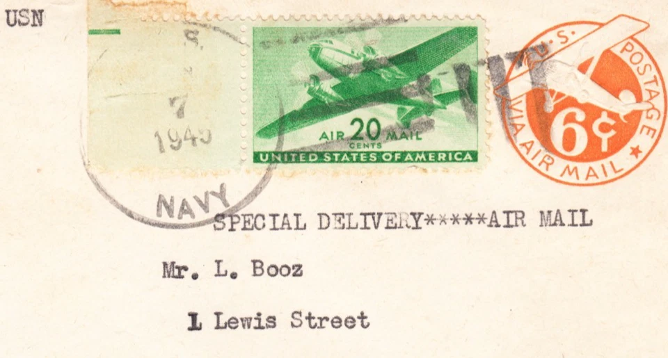 WW2 CENSORED 20 CENT TRANSPORT AIRMAIL PAYS SPECIAL DELIVERY FEE 1945 LETTER INC - Image 2 of 3