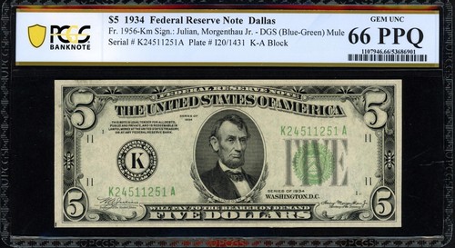 1934 5 $ Dallas DGS Mule FRN - PCGS Banknote Gem 66 PPQ - TOP POP 1/0 at PCGS! - Bild 1 von 2