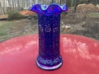 Vintage Fenton Milady Pillar Vase w/ 6 Point Drop Crimp / Blue Carnival Glass