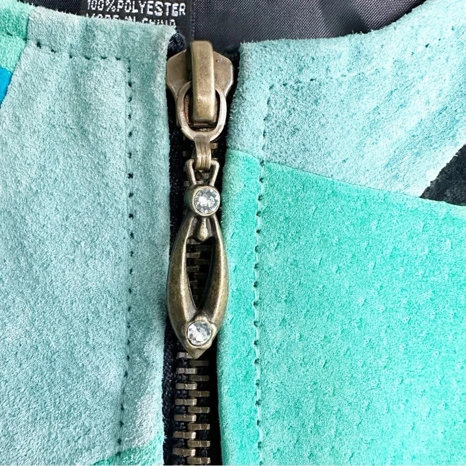 Chaqueta de Gamuza Karen Arnold De Colección Y2K Azul Verde Retazos Talla Mediana Cremallera Frontal Foto 2 de 4