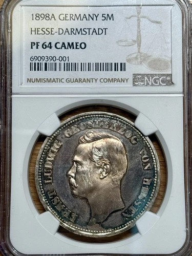 1898-A Germany Hesse-Darmstadt Proof 5 Mark, NGC PF-64 Cameo, Only 240 Struck!