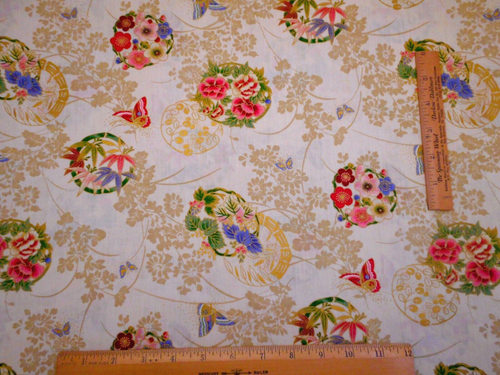 Asian Fabric 1/2 Yard Pink Blue Grn Floral Butterfly Metallic Premium Cotton Vtg
