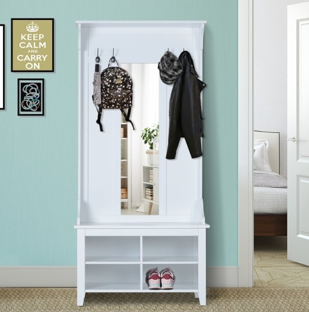 Coat Stand Shoe Rack Wooden White Hallway Bench Hall Tree Mirror