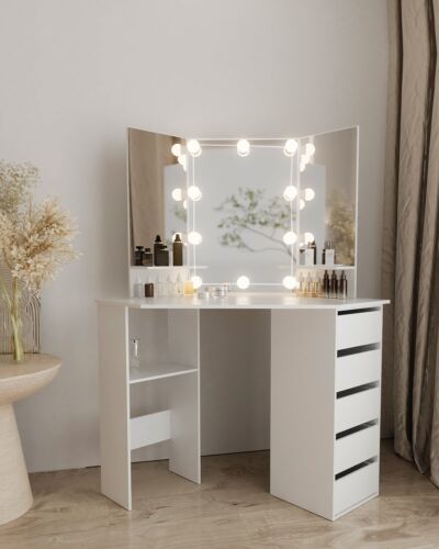 Biała toaletka z lustrem LED stolik kosmetyczny 5 szuflad toaletka makijaż - Zdjęcie 1 z 10