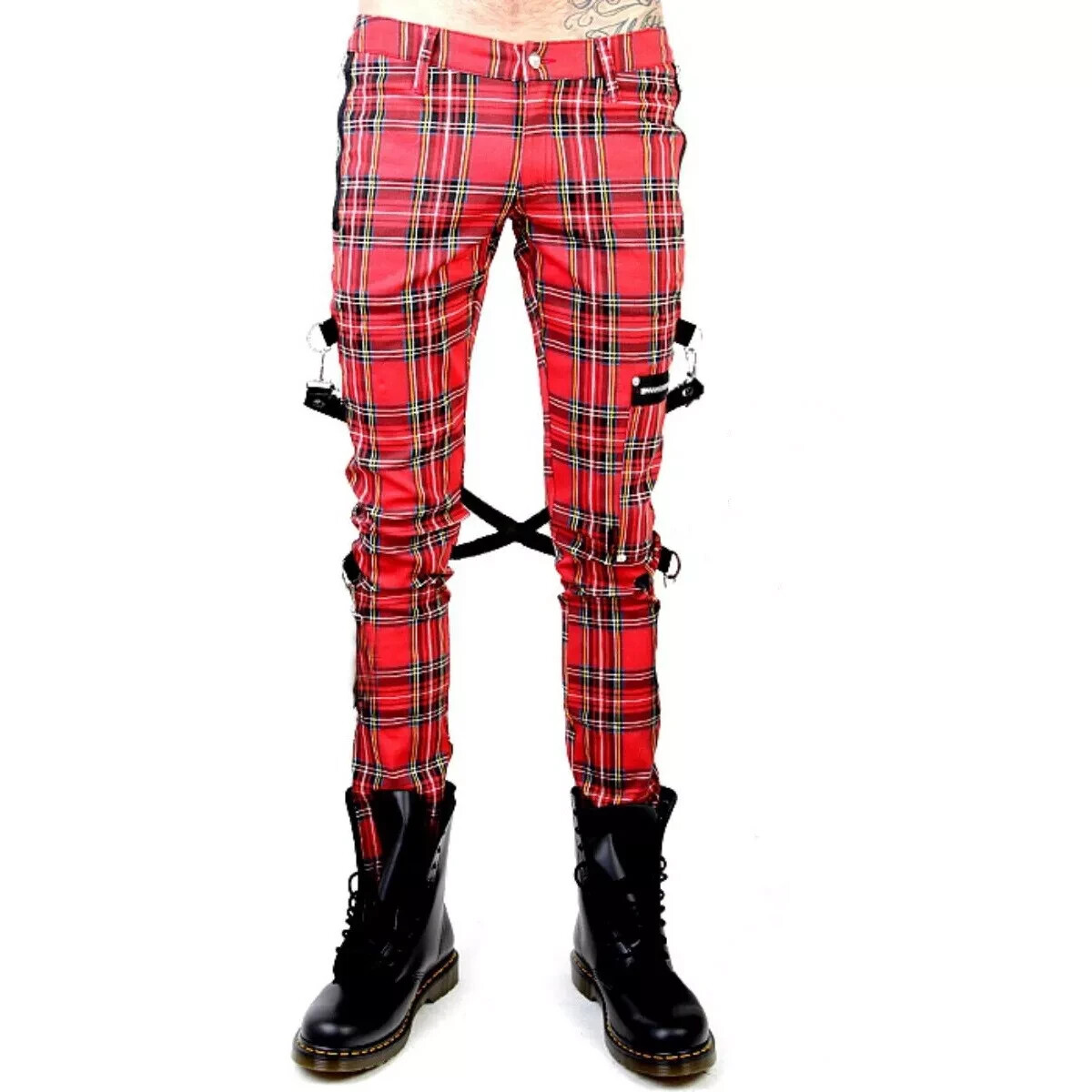 Gothic Bondage Red Plaid Mens Pant Alternative Punk Rebel Rock Emo Trouser Pant
