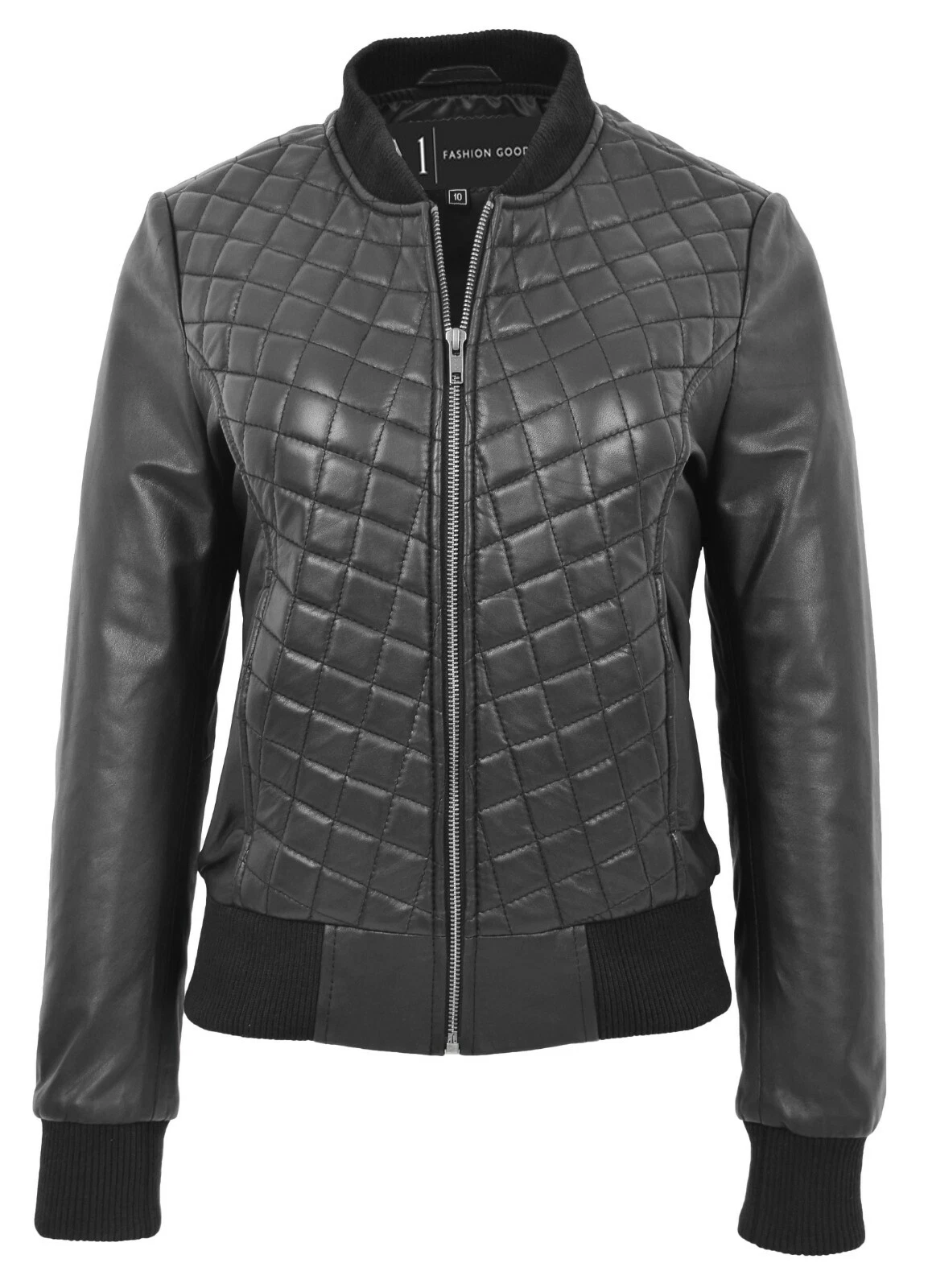 Womens REAL Black Leather Bomber Jacket Diamond Quilted Designer Fitted Varsity